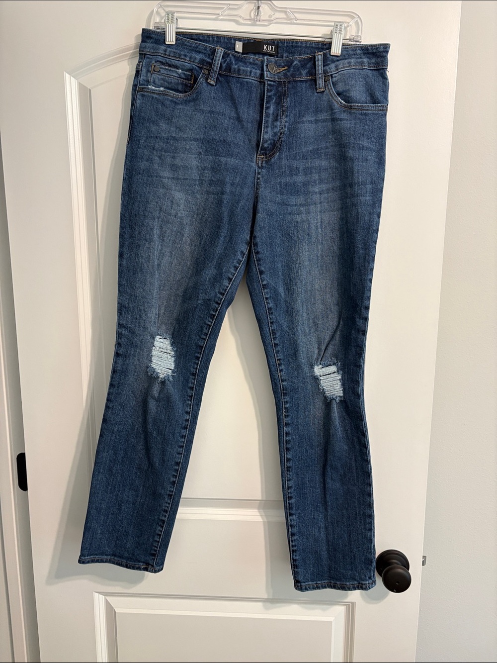Kut from the Kloth Mid-Blue Distressed Straight-Leg Jeans